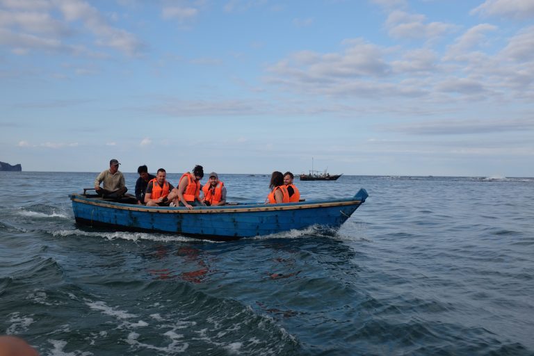 Tourist boat ride in Chilbosan, North Korea.