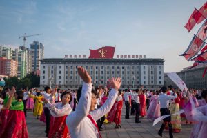 Mass dance during Victory celebrations in Pyongyang on a tour of North Korea