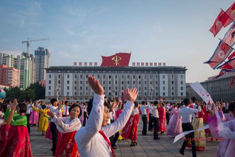 Mass dance during Victory celebrations in Pyongyang on a tour of North Korea