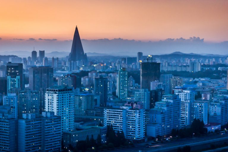 Pyongyang north korea seen at dusk.