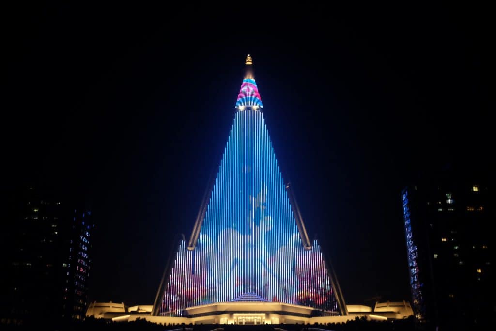 Ryugyong hotel in Pyongyang lit up at night