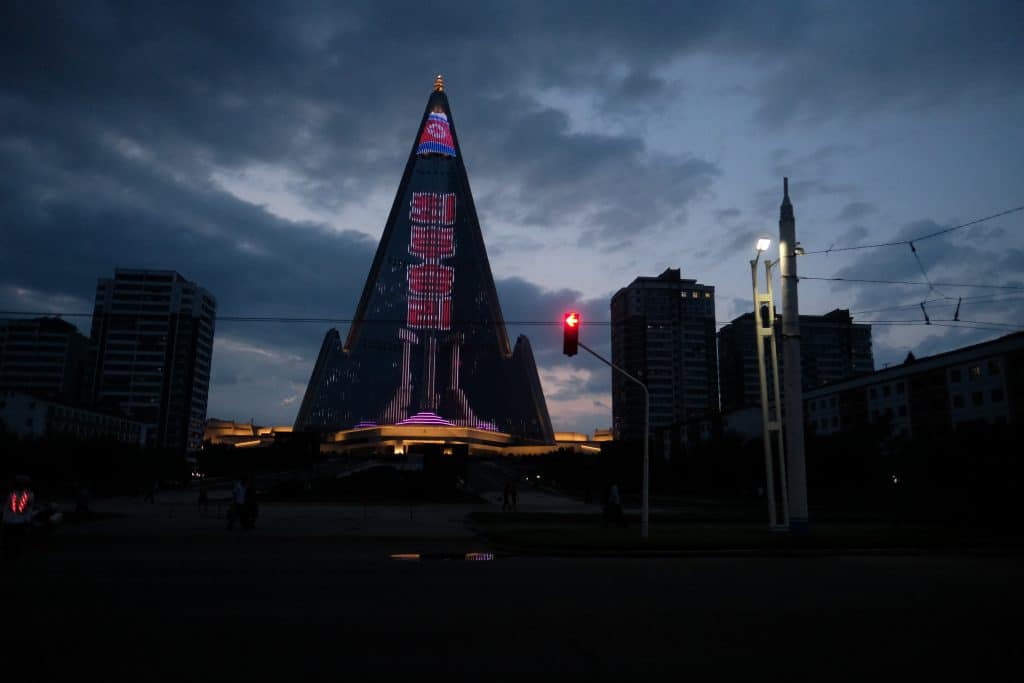 Ryugyong Hotel at dusk in Pyongyang.