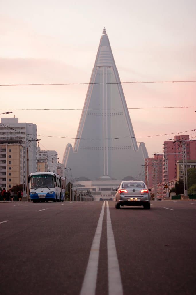 Ryugyong hotel at dusk, North Korea