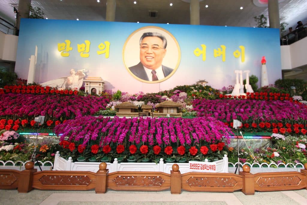 Kim il Sung seen over Mangyongdae birthplace at the Kim Ilsungia flower show