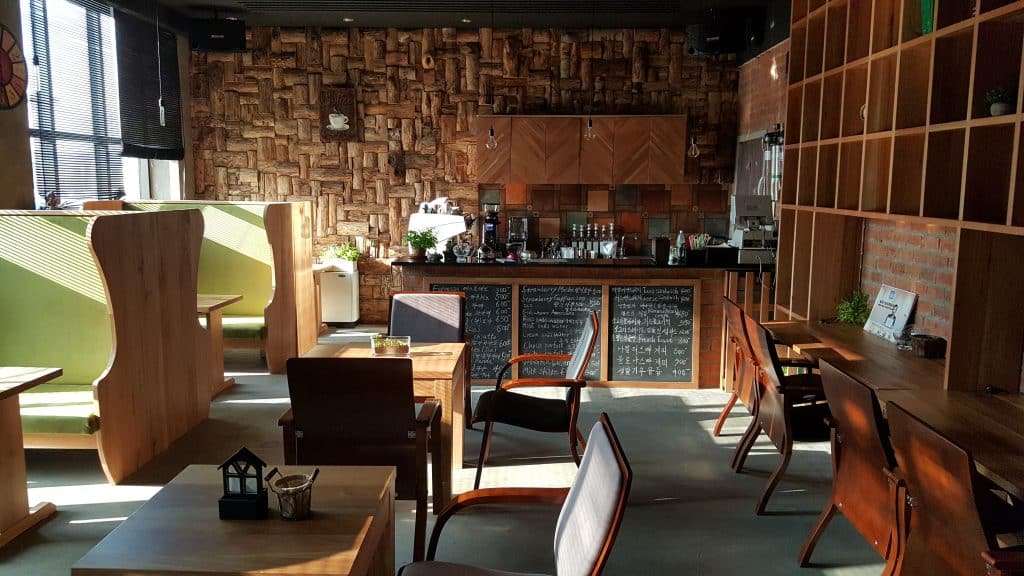 Interior design of the Kumrung cafe. Part of the coffee culture in North Korea