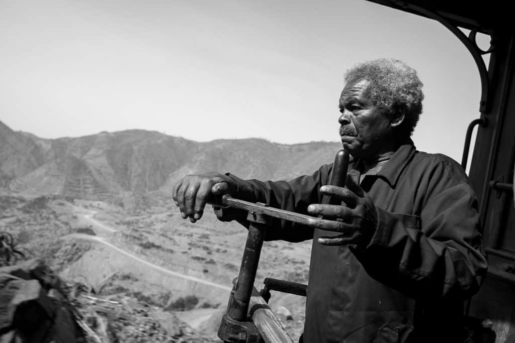 Eritrean steam train brakeman