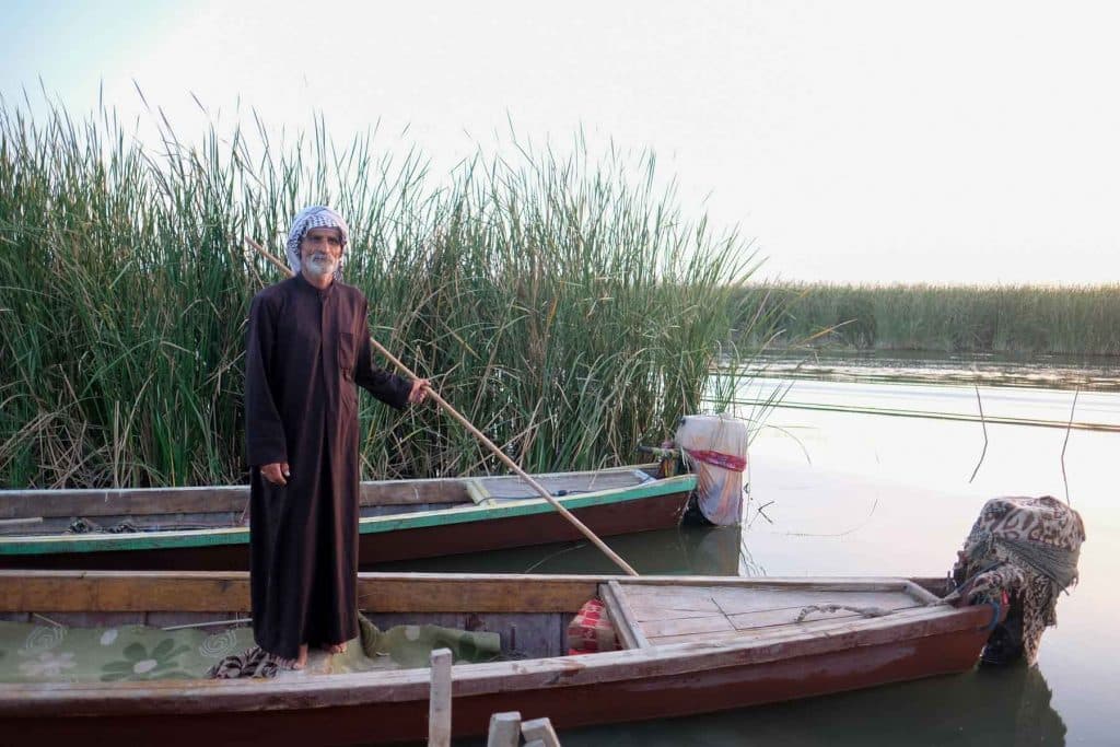 Boatman ferrying reeds in the marshes of Iraq